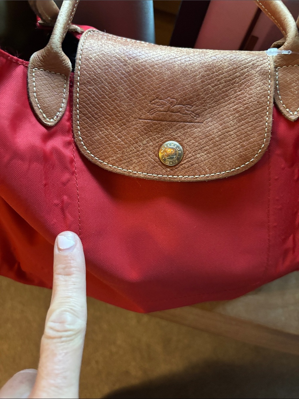 Red Longchamp Nylon Tote Bag with Brown Leather Trim - Picture 4 of 13